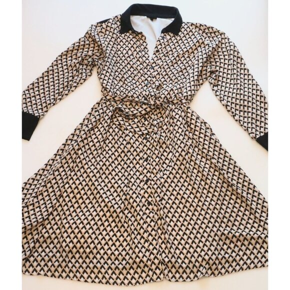 Geometric Print Tie Waist Dress Long Sleeve Black Button Vintage Retro 70s - Picture 1 of 9